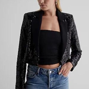 NWT $158 Express Cropped Tuxedo Shiny Black Sequin Blazer JACKET XL